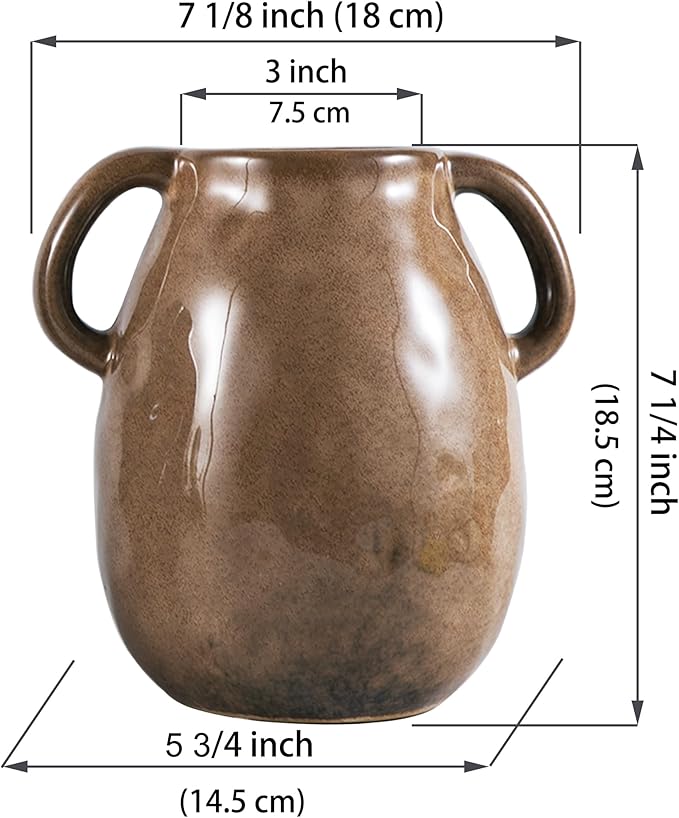 Kimdio Brown Ceramic Vase with 2 Handles, Modern Farmhouse Vase for Home Decor, Vintage Rustic Pottery Vase, Decorative Terracotta Vase, Clay Jug for Living Room Dining Table Shelf