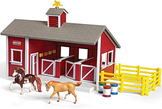 Breyer Stablemates Red Stable Set with 2 Horses – Realistic Horse Toys for Girls Ages 4–8, Barn Playset with Fencing, Barrels & Trough, Creative Gift for Kids, Imaginative Horse Play