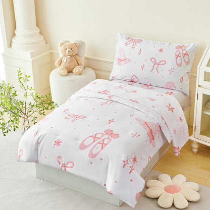 PERFEMET 4 Pieces Bow Comforter for Toddler Girls Reversible Bowknot Pink Toddler Bedding Set Ultra Soft Lightweight Princess Crib Bed Set with Sheets