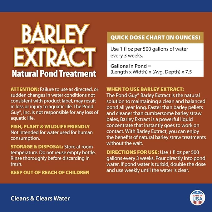 The Pond Guy Barley Extract Natural Liquid Treatment for Ponds and Water Gardens, Safe for Koi Fish and Plants, Natural Solutions for Clear Pond Water - 16 Ounces