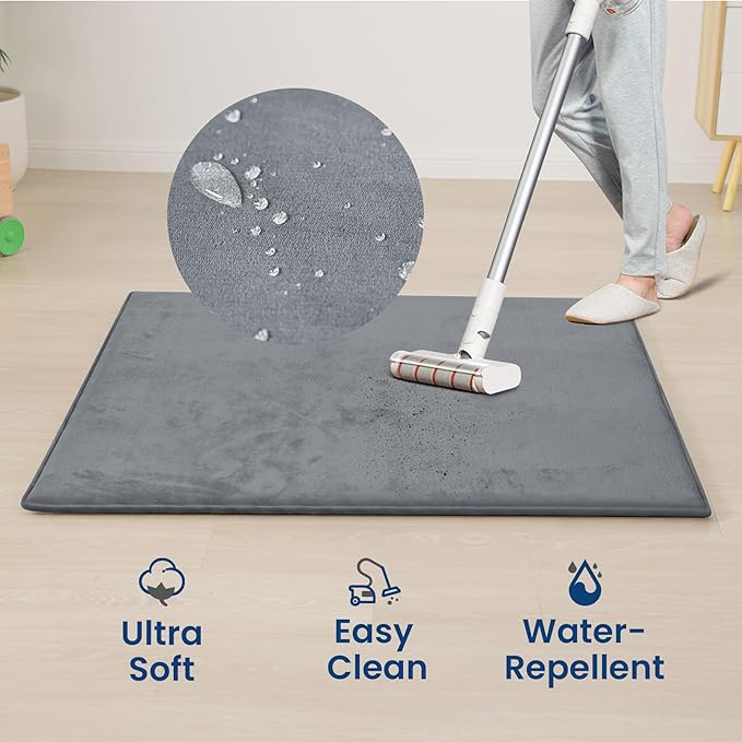 Baby Play Mat for Floor,1.3" Thick Elasti-Foam 50"×50" Playpen Mat for Tummy Time,Water Repellent Soft Coral Velvet for Toddler,Infant,Kids,Non-Slip Backing Safe for Crawling(Dark Grey)