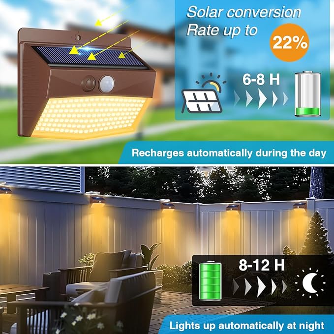 [4 Packs] Solar Outdoor Lights Motion Sensor Solar Security Lights Waterproof with 3 Lighting Modes Solar Powered Wall Lights Outside for Garden Fence Yard,Brown Warm