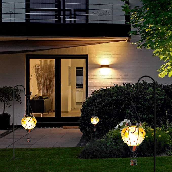 Dragonfly Solar Hot Air Balloon Lantern with Flame, Glass Hot Air Balloon Solar Lantern Outdoor Waterproof, Decorative Hanging Hot Air Balloon Solar Light for Outside Garden Patio Yard