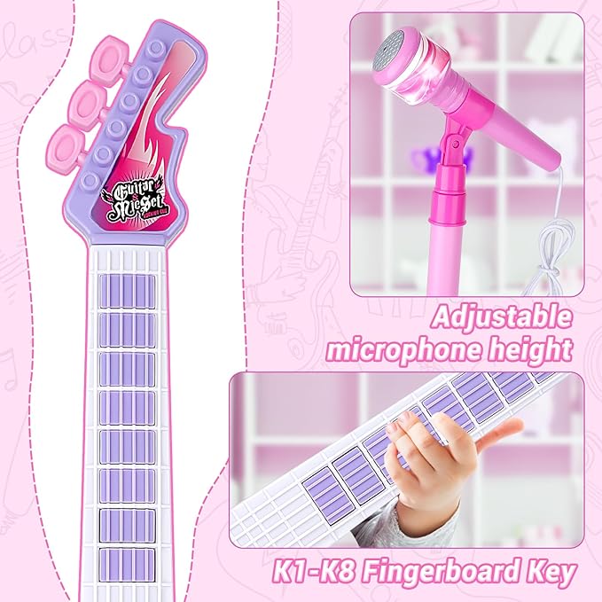deAO Kids Guitar and Microphone Play Set with Stand for Girls, Musical Guitar Play Set, Adjustable Height Guitar Toys Karaoke Music Toys Birthday Gifts for Kids Boys Girls Toddlers