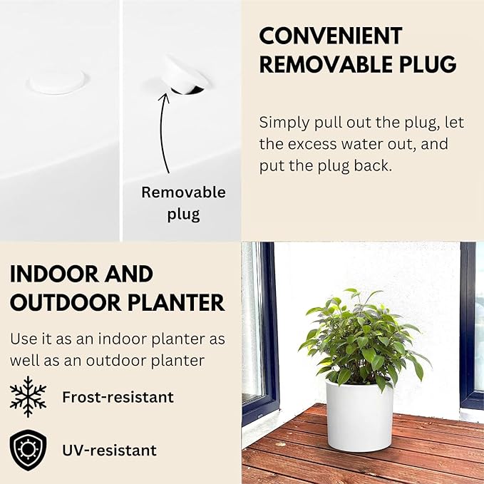 Fox & Fern 10 Inch Plant Pot with Drainage Plug — Premium Lightweight Fiberstone Matte White Planter; Indoor & Outdoor Planter; 10 Inch Pots for Plants; Weather Resistant & UV Resistant