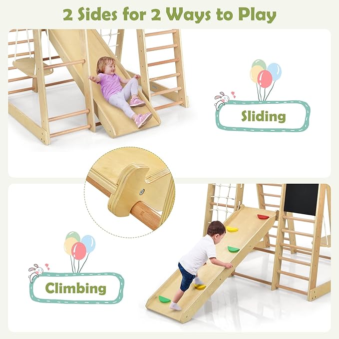 Costzon Indoor Jungle Gym, 8-in-1 Montessori Beech Wood Climbing Toys for Toddlers w/Double-Sided Slide, Climbing Rock/Net, Indoor Playground Climber Playset for Kids 3+ Years Birthday