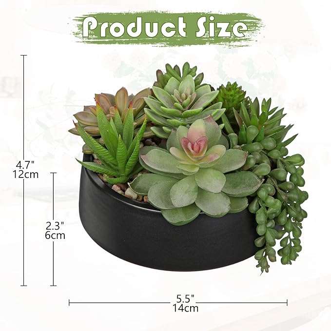 DILATATA Artificial Succulent Plants in Pot 5.5 Inch Fake Succulents Arrangement Potted Plant in Black Ceramic Planter Bowl for Home Office Desk Shelf Living Room Bedroom Bathroom Decor