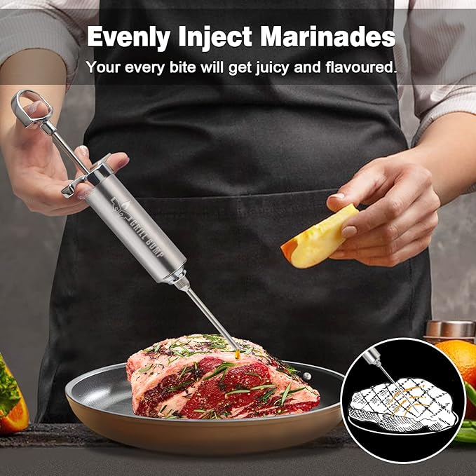 Meat Injector Syringe Kit with 3 Professional Marinade Injector Needles for BBQ Grill Smoker, Turkey and Brisket; 2-oz Large Capacity, Including Paper User Manual, Recipe E-Book (PDF)