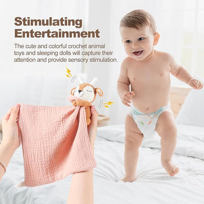 Baby Animal Plush Toys with Rattle, Baby Hand Knitted Animal Security Blankets, Soothing Toys, Gifts for Boys and Girls 12 inch