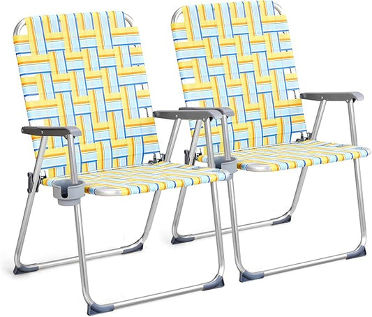VINGLI Aluminum Oversize Patio Lawn Chairs Folding Set of 2 with Detachable Cup Holder, Webbed Beach Chair Folding Chair Outdoor Portable Camping Chair for Yard, Garden