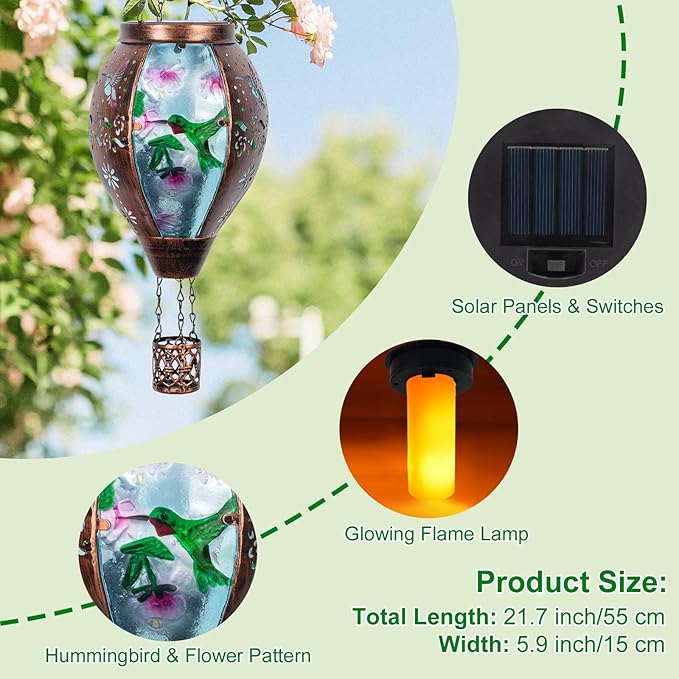 Hummingbird Hot Air Balloon Solar Lantern, Metal & Glass Flickering Flame Light Solar Lantern, Hanging Waterproof Solar Lanterns Outdoor for Garden Patio Tree Decoration