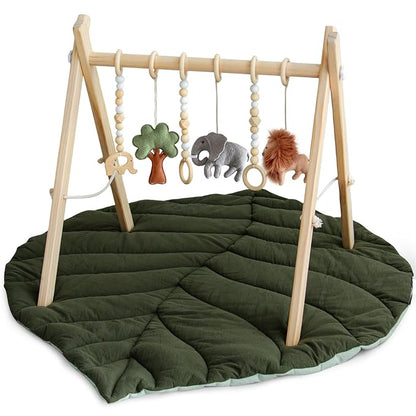 Razee Wooden Baby Play Gym Activity Mat, Leaf Shaped Play Mat Baby Gym with 6 Hanging Sensory Toys Foldable Baby Gym Newborn Infant Baby Use