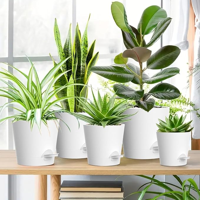 7/6.5/6/5.5/5/4 inch Self Watering Pots for Indoor Outdoor Plants, 6 Pack Plastic Flower Planters with Drainage Holes and Removable Saucers, Plant Pots with Wicking Rope, Modern Decor, White
