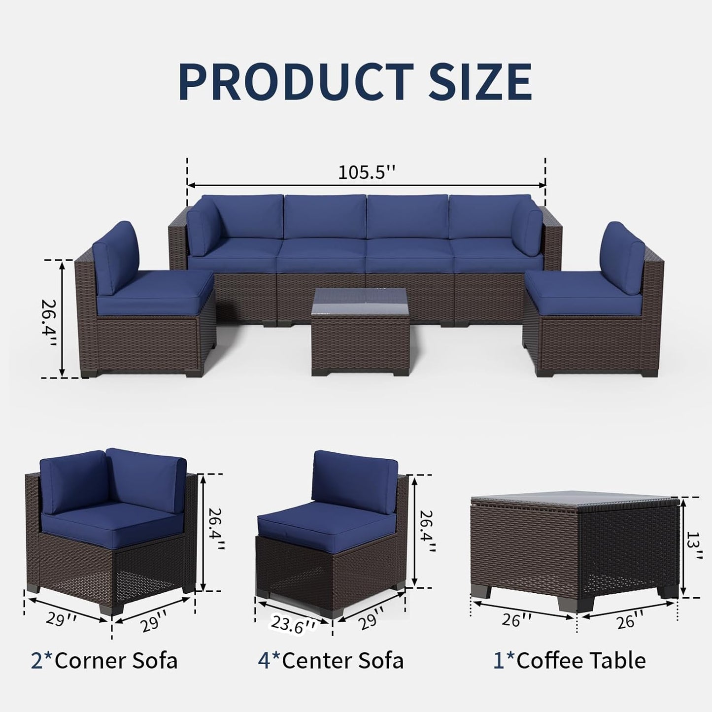 7 Piece Patio Furniture Set, Rattan Outdoor Patio Conversation Sets, Outdoor Sectional Furniture with Waterproof Cushion and Coffee Table, for Deck, Backyard, Garden