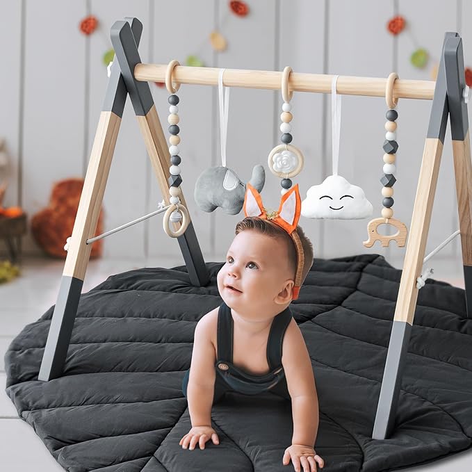 Wooden Baby Play Gym with Mat, Foldable Baby Play Gym Frame Activity Gym Hanging Bar with 5 Gym Baby Toys Playmats for Newborn Baby (Foldable Baby Play Gym with Mat)