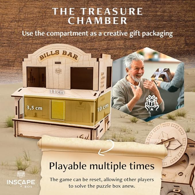 INSCAPE Wild West Riddles - Puzzle Box - Wooden Escape Room in A Box for Adults - Cluebox - Puzzle Boxes with Hidden Compartments - Birthday Gift Gadget for Men and Women