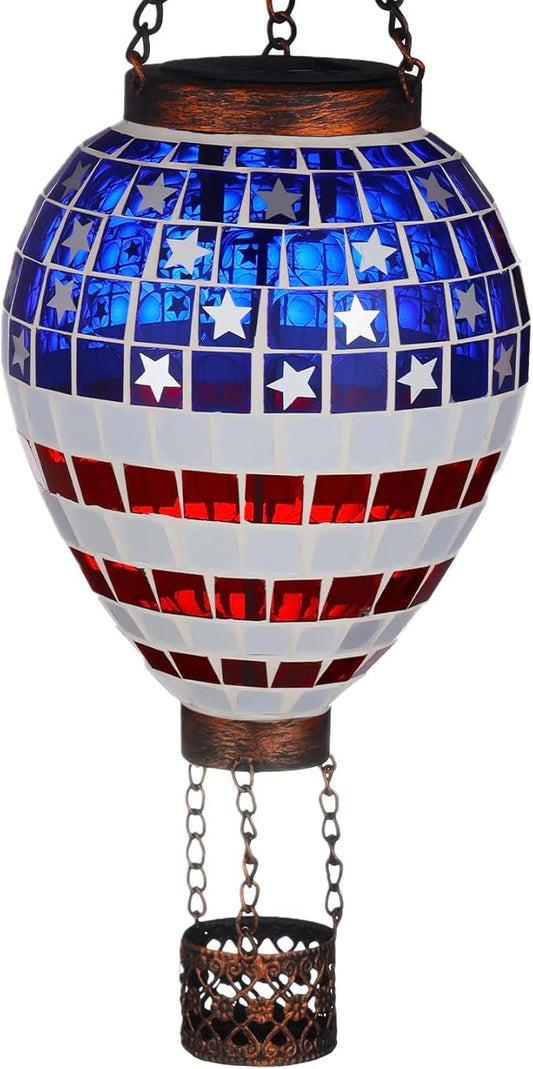 VOREEN American Flag Hot Air Balloon Solar Lantern, Mosaic Solar Outdoor Hanging Wind Light, IP44 Waterproof, Patio Festive Decor, Patriotic Theme, Easter Gifts for Mom Grandma