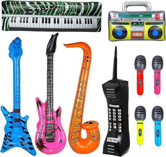 10pcs Inflatable Instruments Party Props Rock Star Toy Set Inflatable Saxophone Bass Rock Microphone Rock Electric Guitar Recorder Suitable for Various Music Parties(Retro Style)