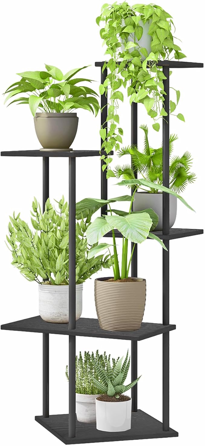 Plant Stand Indoor 5-Tier Metal Wood Plant Shelf for Multiple Flower Pots Corner Tall Flower Holders for Living Room Balcony Bedroom, Black