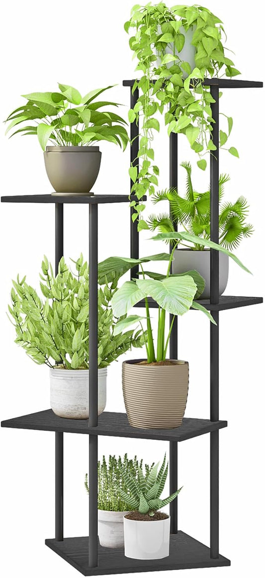 Plant Stand Indoor 5-Tier Metal Wood Plant Shelf for Multiple Flower Pots Corner Tall Flower Holders for Living Room Balcony Bedroom, Black