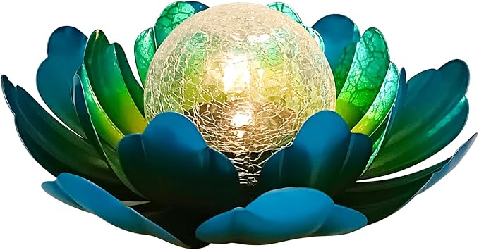 WNP Solar Powered Outdoor Decorative Lights Waterproof Lotus Flower with Crackle Glass Globe and Metal Base for Garden Patio Pathway Yard Tabletop Decor,Birthday Gift for Mom Sister Grandma