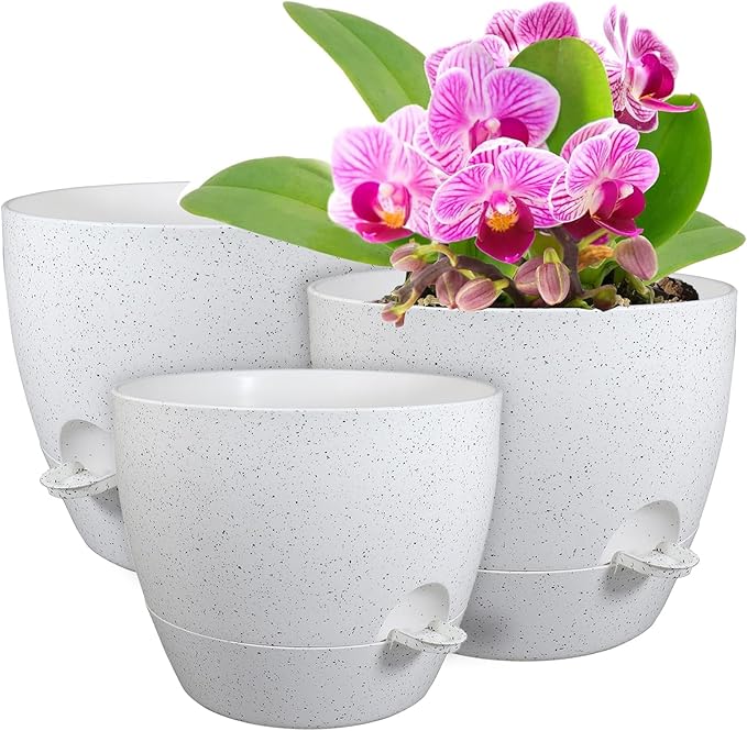 12/10/9 inch Large Self Watering Pots, Plant Pots with Mesh Drainage Holes for Indoor Outdoor Garden Plants, Flower Pots with Deep Reservoir, Set of 3 Plastic Planters, Specked White