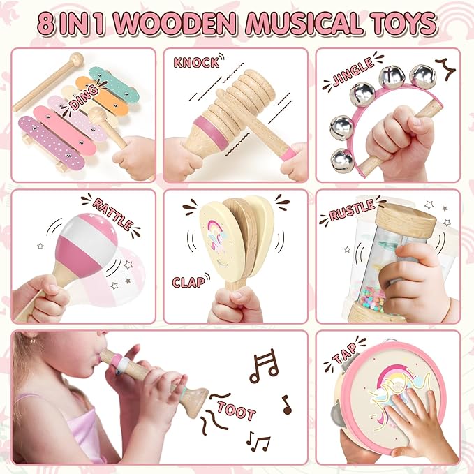 Baby Musical Instruments for Toddlers 1-3, Montessori Wooden Toys for 1 Year Old, Xylophone Maracas Percussion Set with Storage Bag, Learning Toys for Boys Girls Age 2-4, Christmas Birthday Gift, Pink