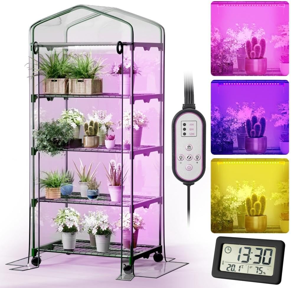Indoor Greenhouse with Grow Lights & Wheels, 4 Tier Wire Shelf PVC Tent Portable Mini Green House Cabinet Kit for Plant Seed Starting