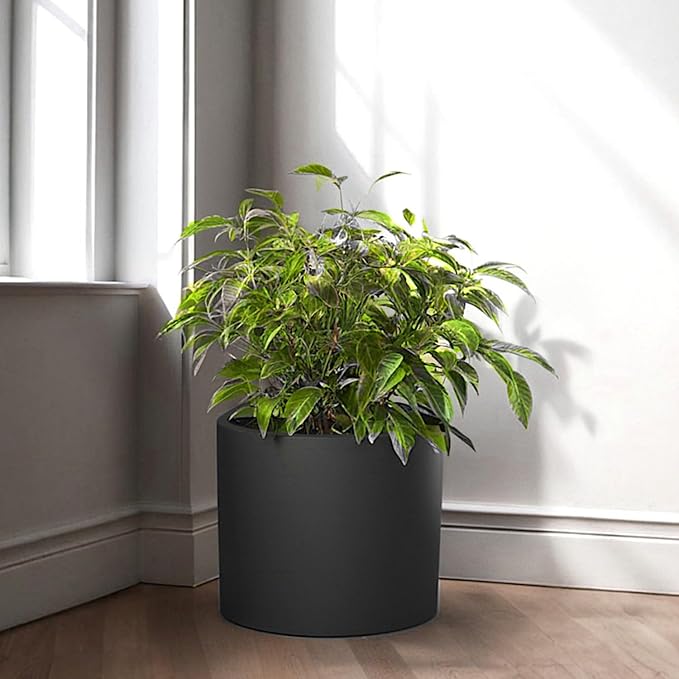 Fox & Fern 10 Inch Black Plant Pot with Drainage Plug — Premium Lightweight Fiberstone Matte Black Planter; 10 Inch Pots for Plants; for Indoor & Outdoor Use; Weather Resistant & UV Resistant