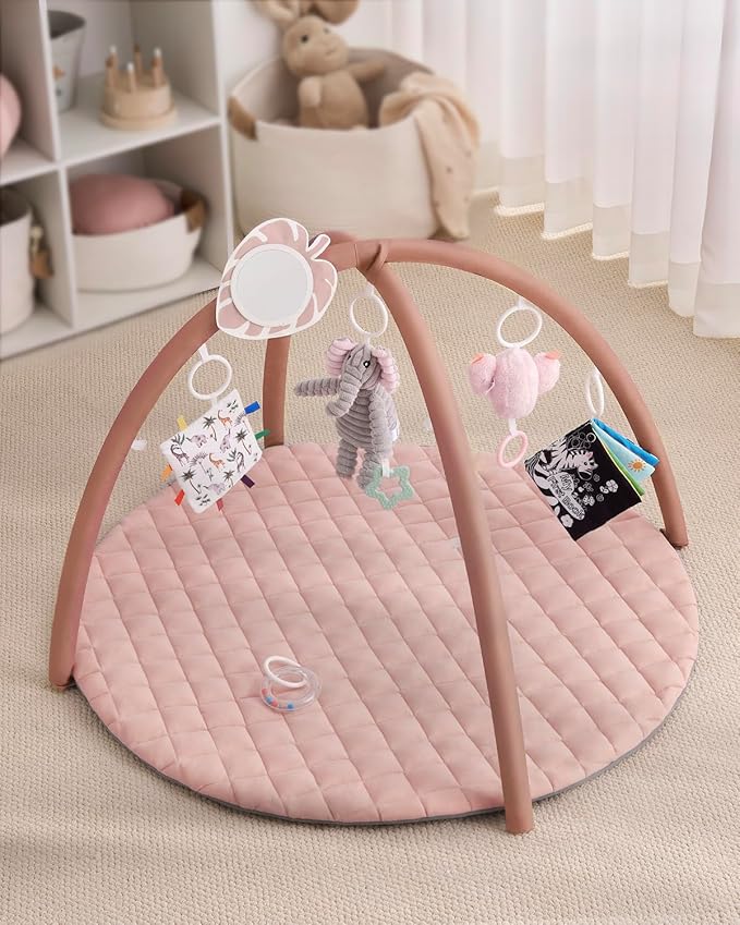 Blissful Diary Baby Play Gym Mat, Tummy Time Activity Mat with 6 Detachable Toys for Skill Development, Baby Essentials Gift, Soft Pink