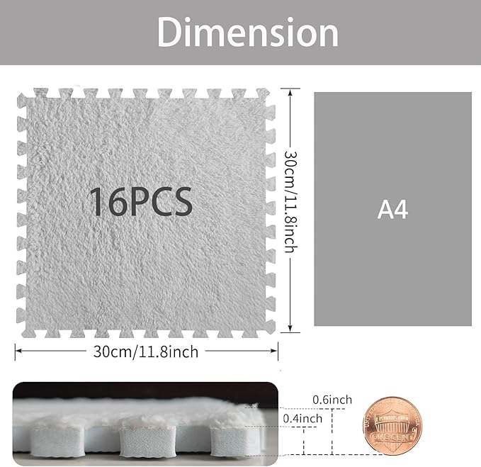 16pcs 0.6" Thickened Interlocking Tile Mats,Fluffy Shaggy Soft EVA Foam Area Rug for Living Room & Bedroom,Non-Slip Protective Floor Carpet Play Mat Kids Baby Dorm Home Decor (11.8ft, White)