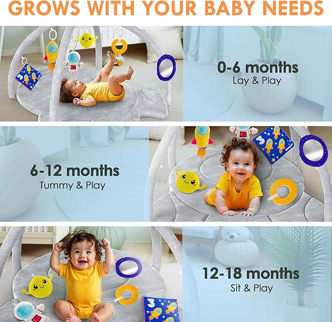 QUOKKA Baby Play Gym XL – Rocket-Shaped Baby Play Mat with 6 Large Sensory Toys – Tummy Time Mat for Infant Development – Machine Washable Newborn Essentials Must Haves – Gender Neutral Gift Items