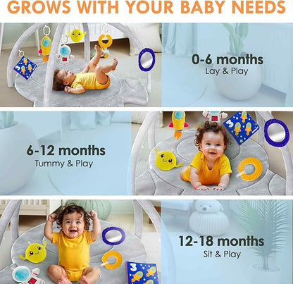 QUOKKA Baby Play Gym XL – Rocket-Shaped Baby Play Mat with 6 Large Sensory Toys – Tummy Time Mat for Infant Development – Machine Washable Newborn Essentials Must Haves – Gender Neutral Gift Items