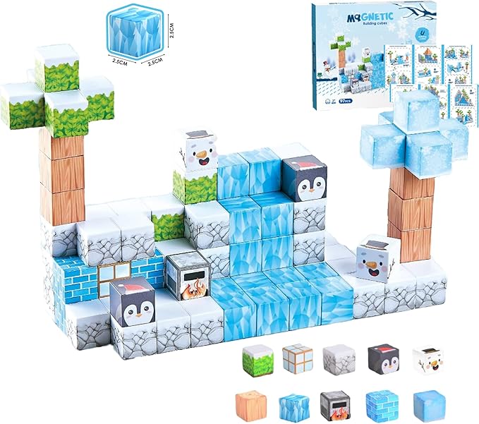 Magnetic Blocks Large Size 1-Inch 97 PCS – Winter Forest Theme Stacking Magnets STEM Learning Toys, Educational Construction Kit for Kids, Boys & Girls Age 3 4 5 6 7 8 9 10, Creative Magnet Cubes Set