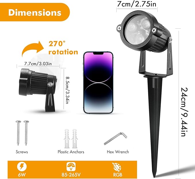 LemonBest Landscape Lighting - 6W RGB Color Changing Halloween Landscape Lights 120V Christmas Outdoor LED Spotlight with Remote Control Waterproof Spot Lights for Yard Garden Patio Driveway (2 Pack)