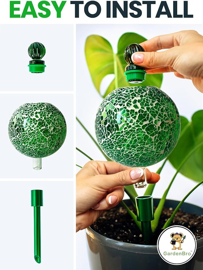 16 Oz Plant Watering Globes For Indoor Plants With Metal Self Watering Planter Insert - Premium XL Glass Hand-blown Globes - Automatic Indoor Planter Waterer, Gift Idea For Gardeners [1, Mosaic]