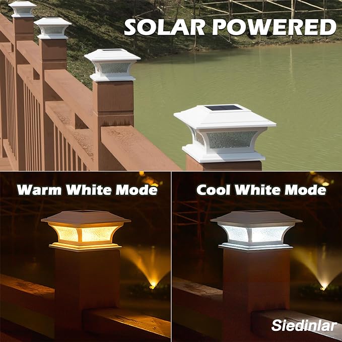 SIEDiNLAR Solar Post Cap Lights Outdoor Glass LED Fence Deck Light 2 Modes for 4x4 5x5 6x6 Vinyl Wooden Posts Patio Garden Decoration Warm White/Cool White Lighting White (6 Pack)