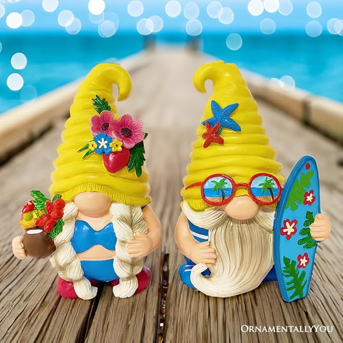 Spring & Summer-Themed Garden Statues – Adorable Outdoor Decor for Lawn, Patio & Porch (Tropical Beach Gnome Duo Figurine Set, Cute 6" Summer Decoration Garden Statue)