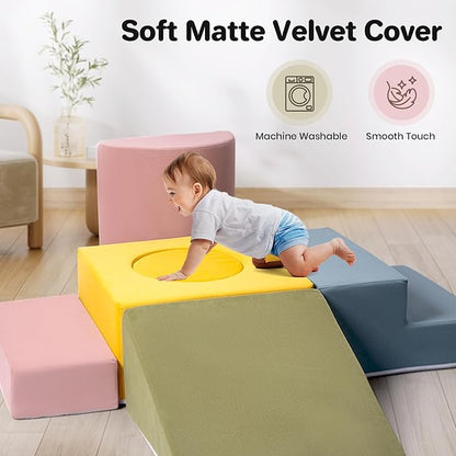 6-Piece Foam Climbing Blocks, Kids Climb and Crawl Soft Play Set, Machine Washable Cover, Baby Indoor Activity Play Structure, Climbing Toys for Toddlers 1-3 (Multi-Color, no Ball Pit)