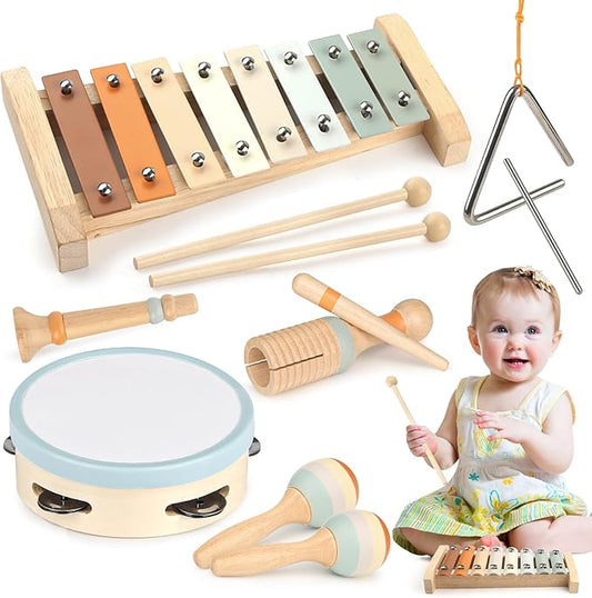 Vanplay Montessori Toys - 6 in 1 Wooden Musical Instruments for Toddlers 1-3, Infant Music Toy for Babies with Boho Xylophone for Boy & Girls Easter Birthday Gifts for 1-2