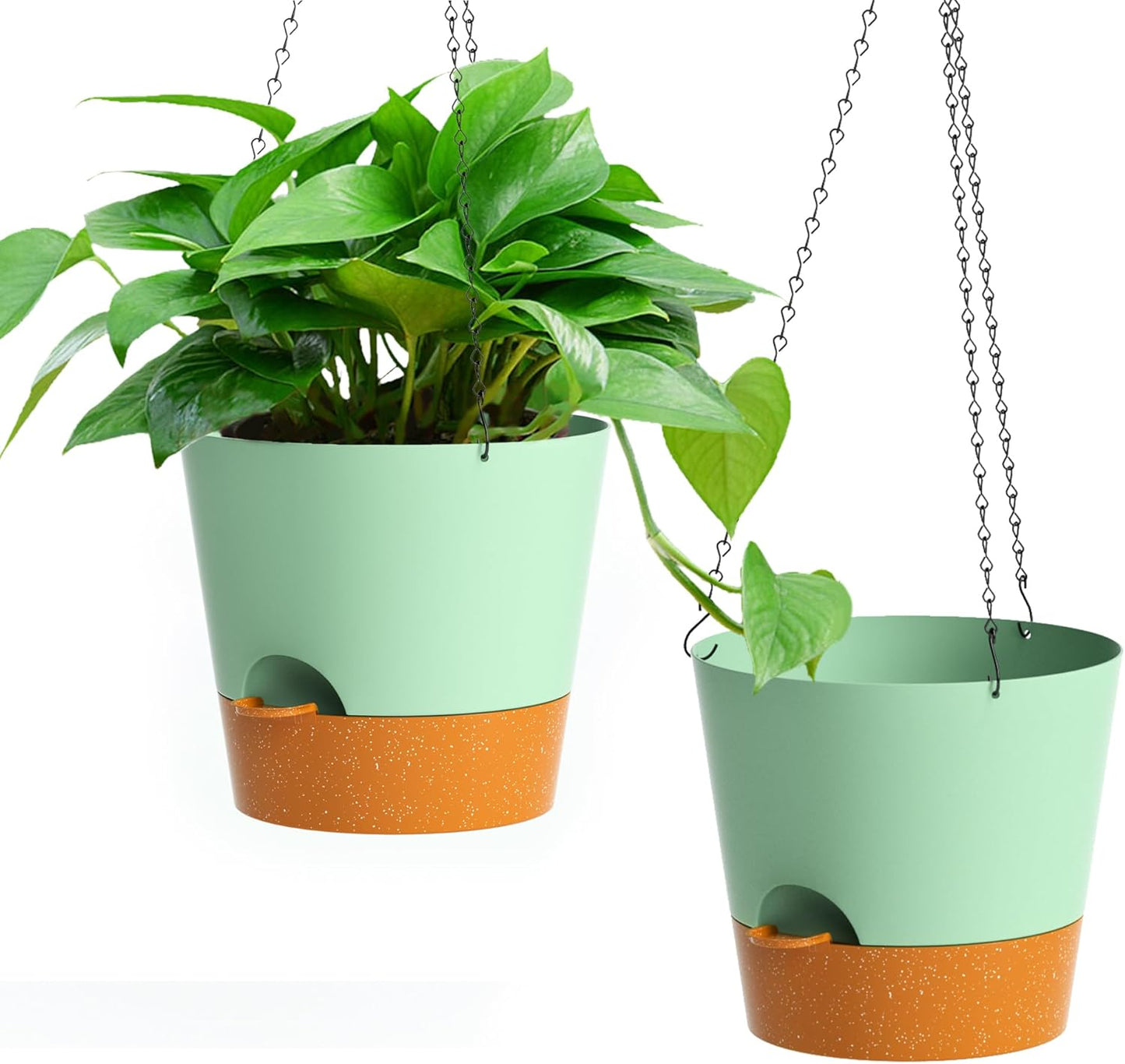Hanging Planters for Indoor Outdoor Plants, 2 Pack Self Watering Hanging Pot with Drainage Holes and Plant Hangers, Hanging Baskets Flower Pots for Home Garden Decor (Green, 10 inch)
