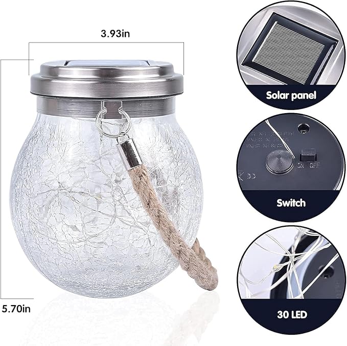 Solar Lantern Crackle Glass Ball, 4 Pack Garden Hanging Solar Lights Outdoor Waterproof Lanterns with 30 Warm White LED for Outdoor Decor Patio Yard Lawn Pathway