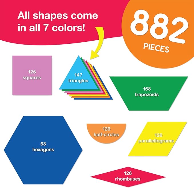 882 Pcs Pattern Block Shapes Math Manipulatives for Learning Multicolor Triangles, Squares, Hexagons, and more Easy-Punch Paper Shape Cutouts in 7 Bright Colors US Made Card Stock