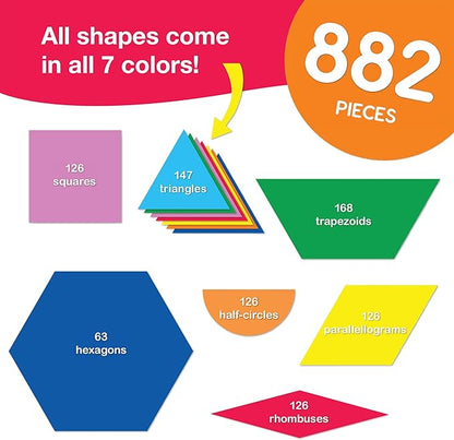 882 Pcs Pattern Block Shapes Math Manipulatives for Learning Multicolor Triangles, Squares, Hexagons, and more Easy-Punch Paper Shape Cutouts in 7 Bright Colors US Made Card Stock