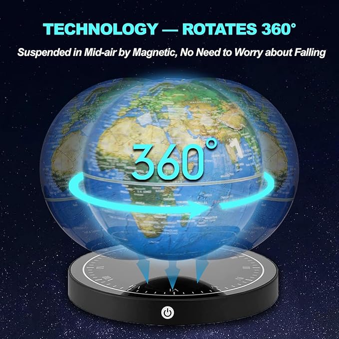 Floating Globe, Magnetic Levitating Globe with LED Light, 360° Rotating Geographic Globe World Map for Home Office Decor, Cool Tech Gift for Kids, Teacher, Husband, Colleague..