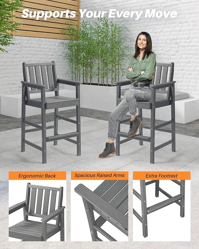 3 Pieces HDPE Outdoor Patio Bar Set, Rectangular Bar Height Table and Chairs Set, Patio Bar Stools Set, HDPE Outdoor Bar Table and Chairs Set for Balcony, Poolside, Porch, Smoke Gray