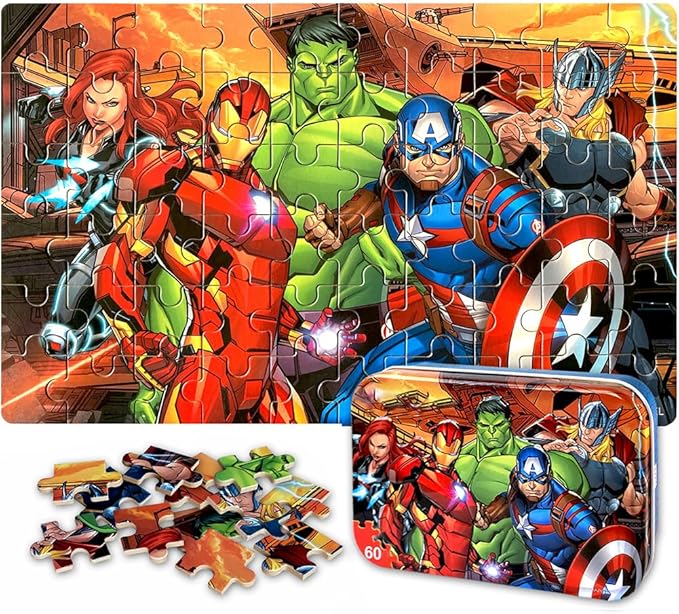 60 Piece Educational Puzzles for Kids Ages 4-8 Jigsaw Puzzle Games in Reusable Metal Box, Learning Toys with Extra Thick Safe Pieces for Boys & Girls