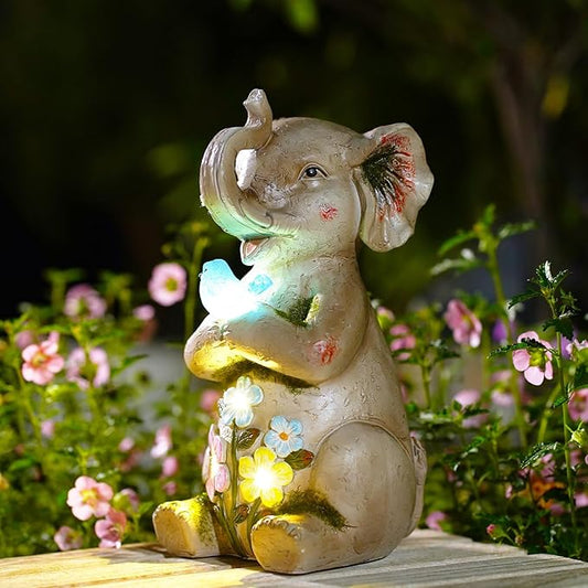 Solar Elephant Holding Solar Butterfly Lights - Resin Garden Outdoor Decorations for Patio,Balcony,Yard,Birthday Garden Gifts for Women Mom
