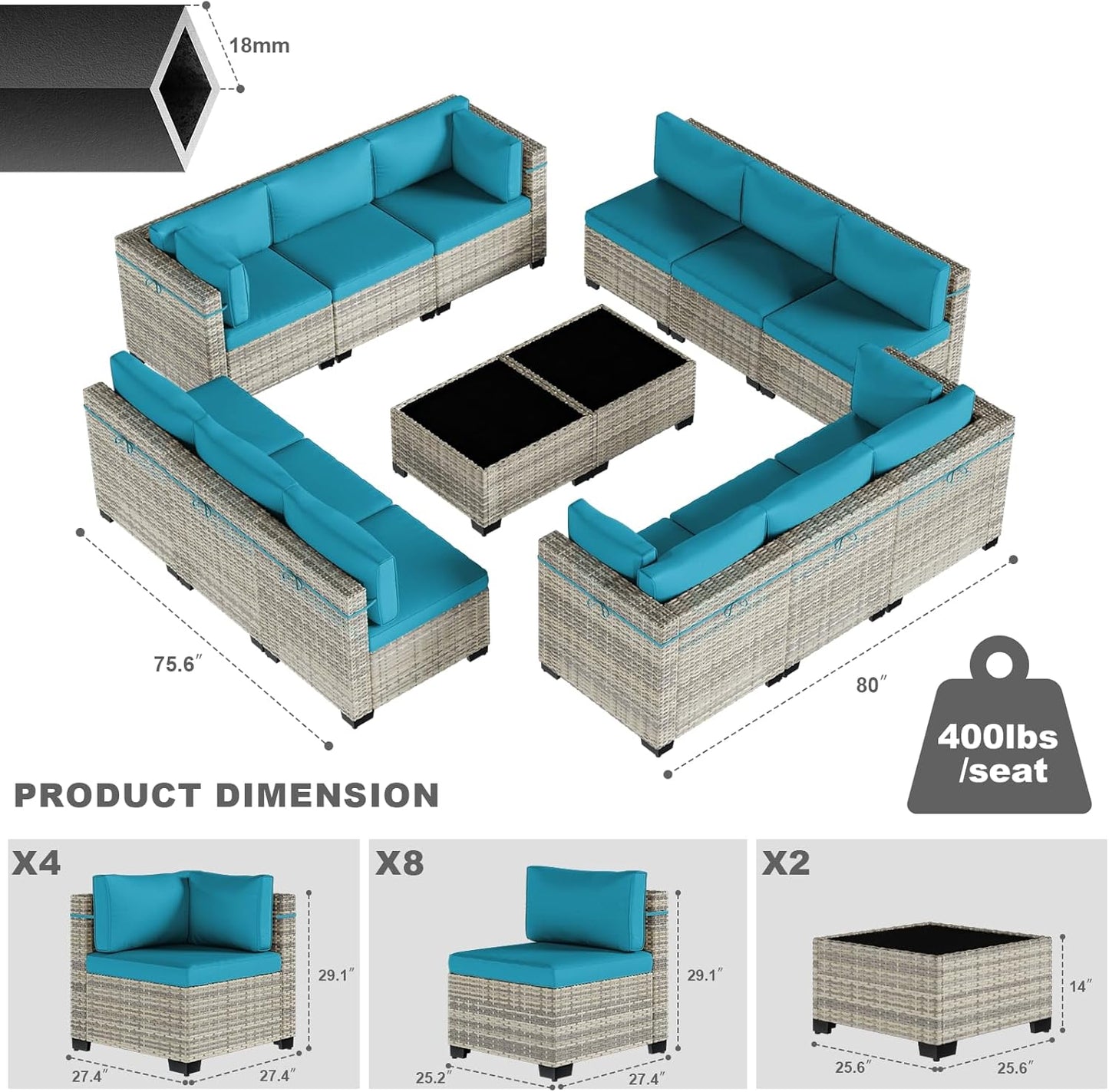 14-Piece Patio Furniture Set, Outdoor Sectional with Thick Cushions, Modular Patio Sofa, Dual-Strand Wicker Rattan, Rust-Resistant Frame, Backyard Furniture for Garden, Deck, Lake Blue