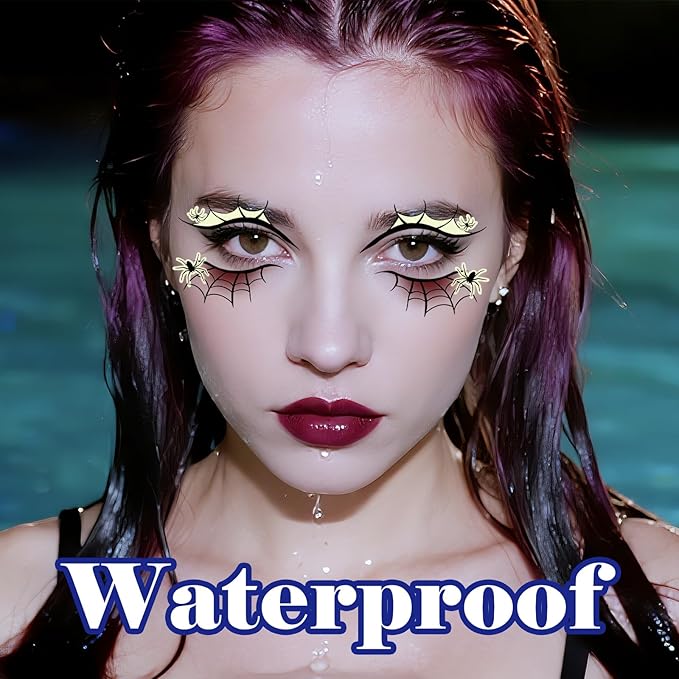 Glow in Dark Halloween Eyeliner Temporary Tattoos for Adults, 12 Pairs Luminous Eyes Fake Tattoos, Gothic Spooky Designs with Spiders Web, Bats, Cats, Skulls, Black